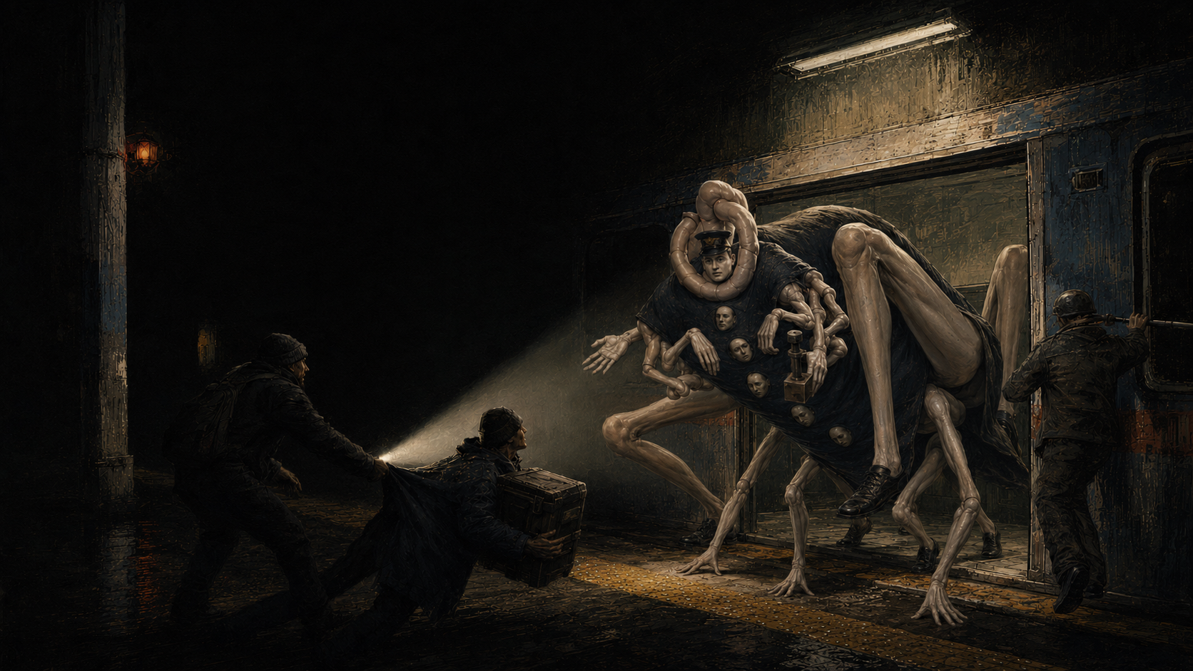 Three scavengers retreat toward their battered subway while the grasshopper-jointed Conductor occupies the station floor in hard light.