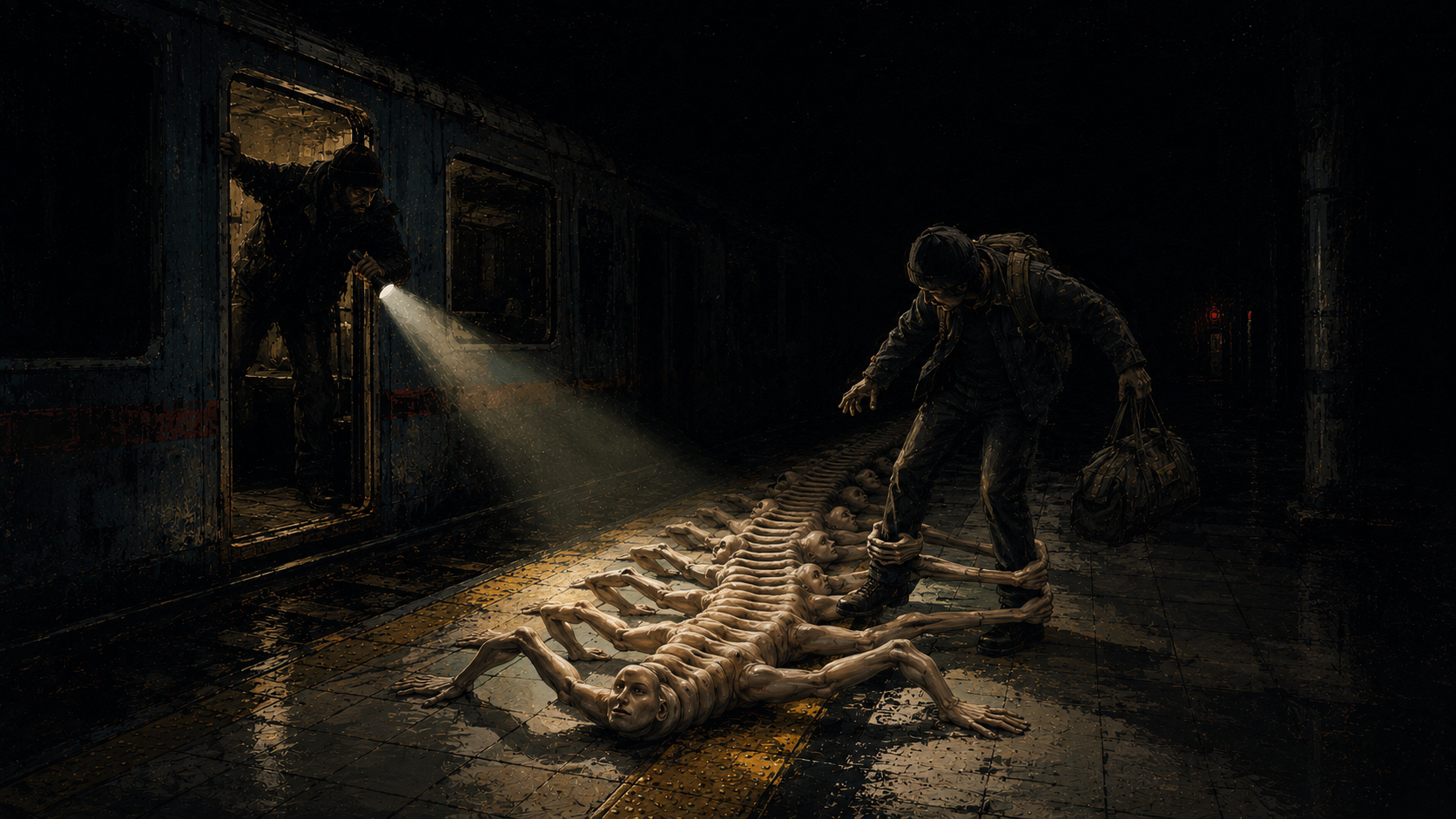 A long intact human organism folds itself along the yellow platform edge while a scavenger retreats toward the lit train.
