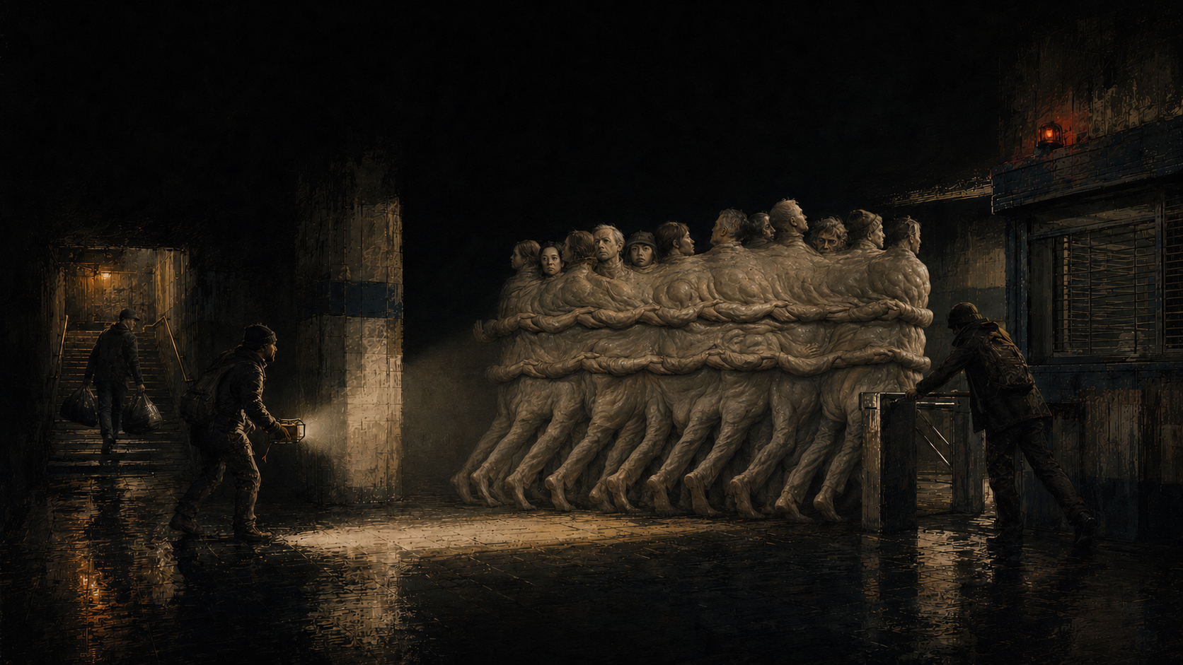 A wall of fused commuters moves sideways through a station while three crew members try to route around it.