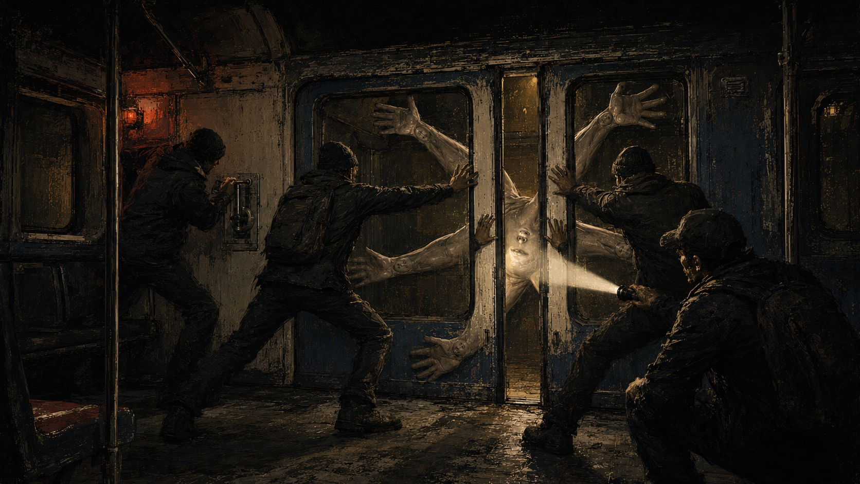 Four crew members force subway doors shut against a pale radial organism gripping the windows and door seam from outside.