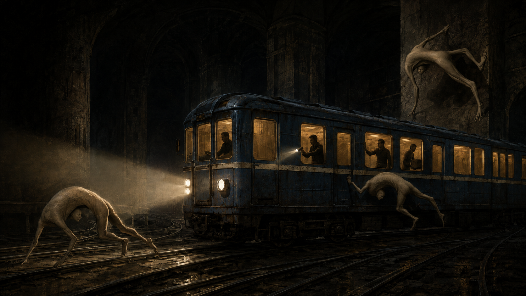 Three wrong-jointed human organisms gallop across track, wall, and train side as the crew reacts through warm carriage windows.