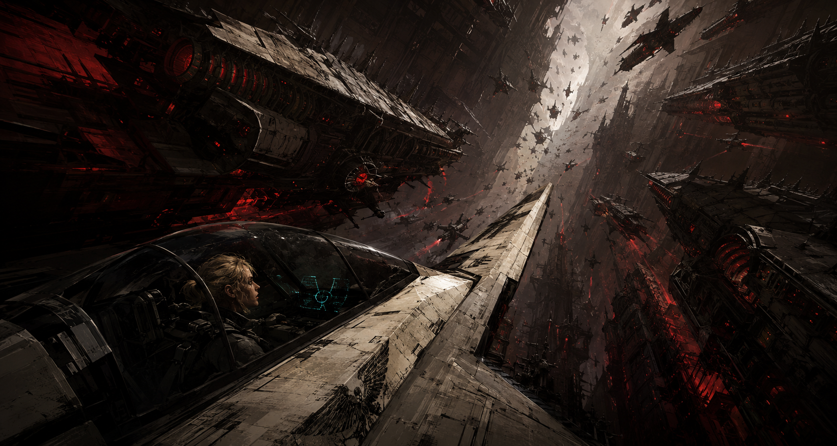 A bone-white fighter banks upward through a vertical cathedral canyon of crimson-black Imperial ships.