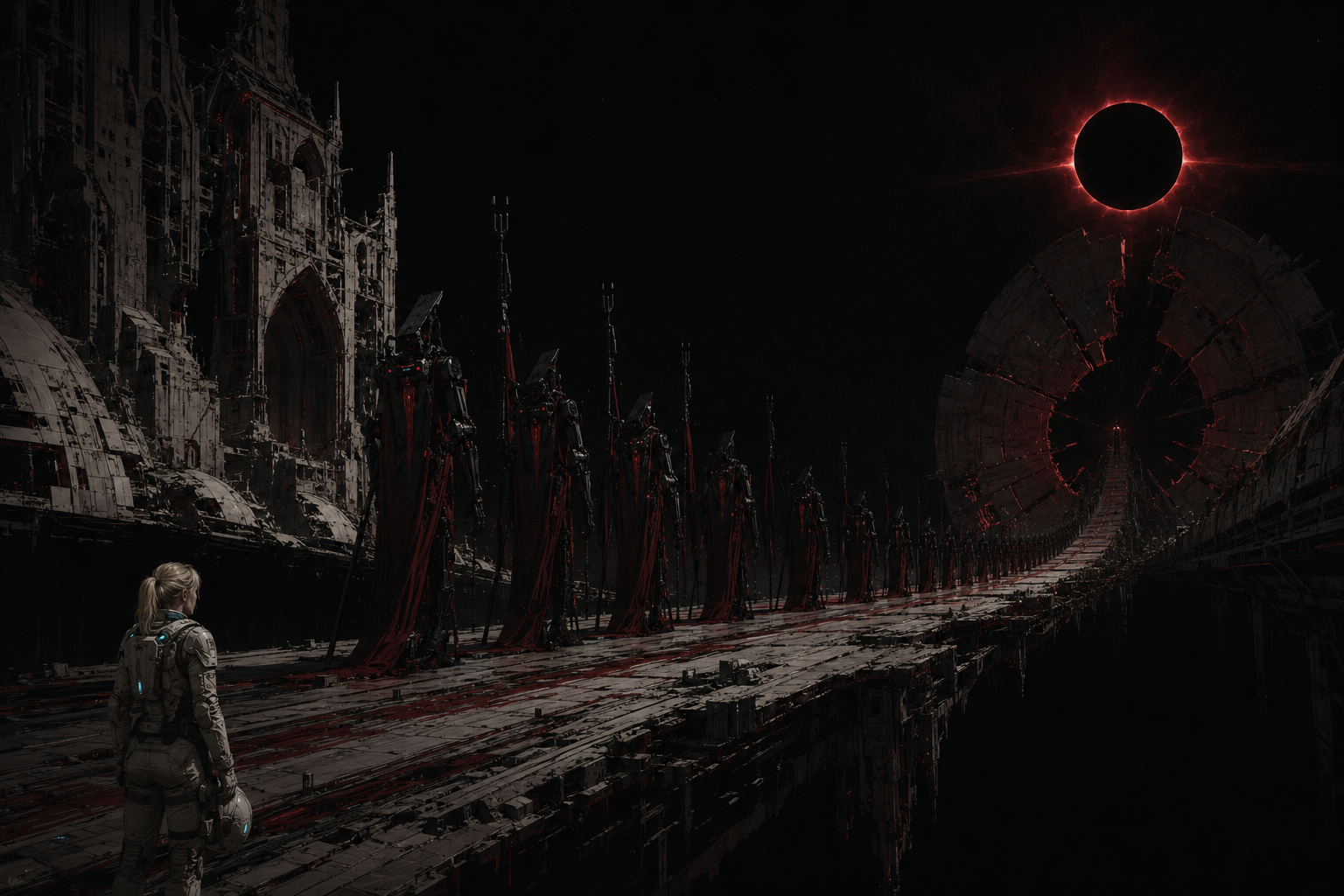 A crimson Sovereign presides over a ritual procession beneath the BLACK CORONATION pixel wordmark.