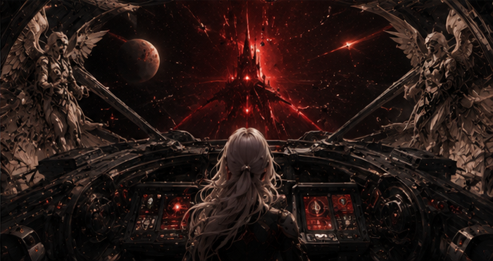 The blonde pilot faces a distant crimson Sovereign from inside a bone-white ritualized fighter cockpit.