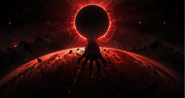 A clawed crimson-black Sovereign descends over a burning world beneath a severe red eclipse.
