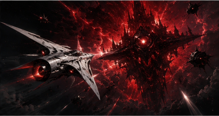 A bone-white fighter cuts toward a crimson-black Sovereign through a field of hostile machinery.