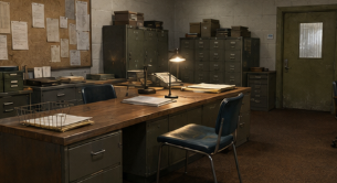 A plain government records office contains metal filing cabinets, a wooden desk, paper trays, a work lamp, and one blue chair.