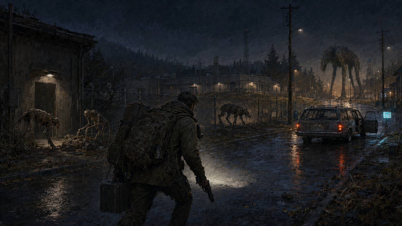 A lone field operator moves toward an extraction vehicle while several distinct cryptids roam through a rain-dark Hollowbrook street.