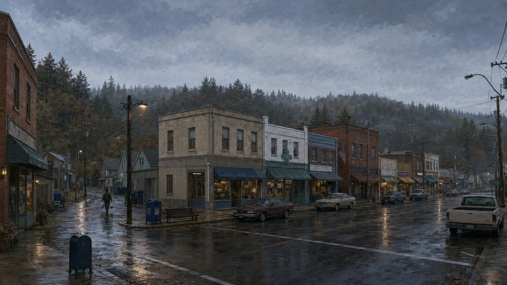 A quiet small-town main street lies under gray weather with parked cars, dark storefronts, and no visible pedestrians.