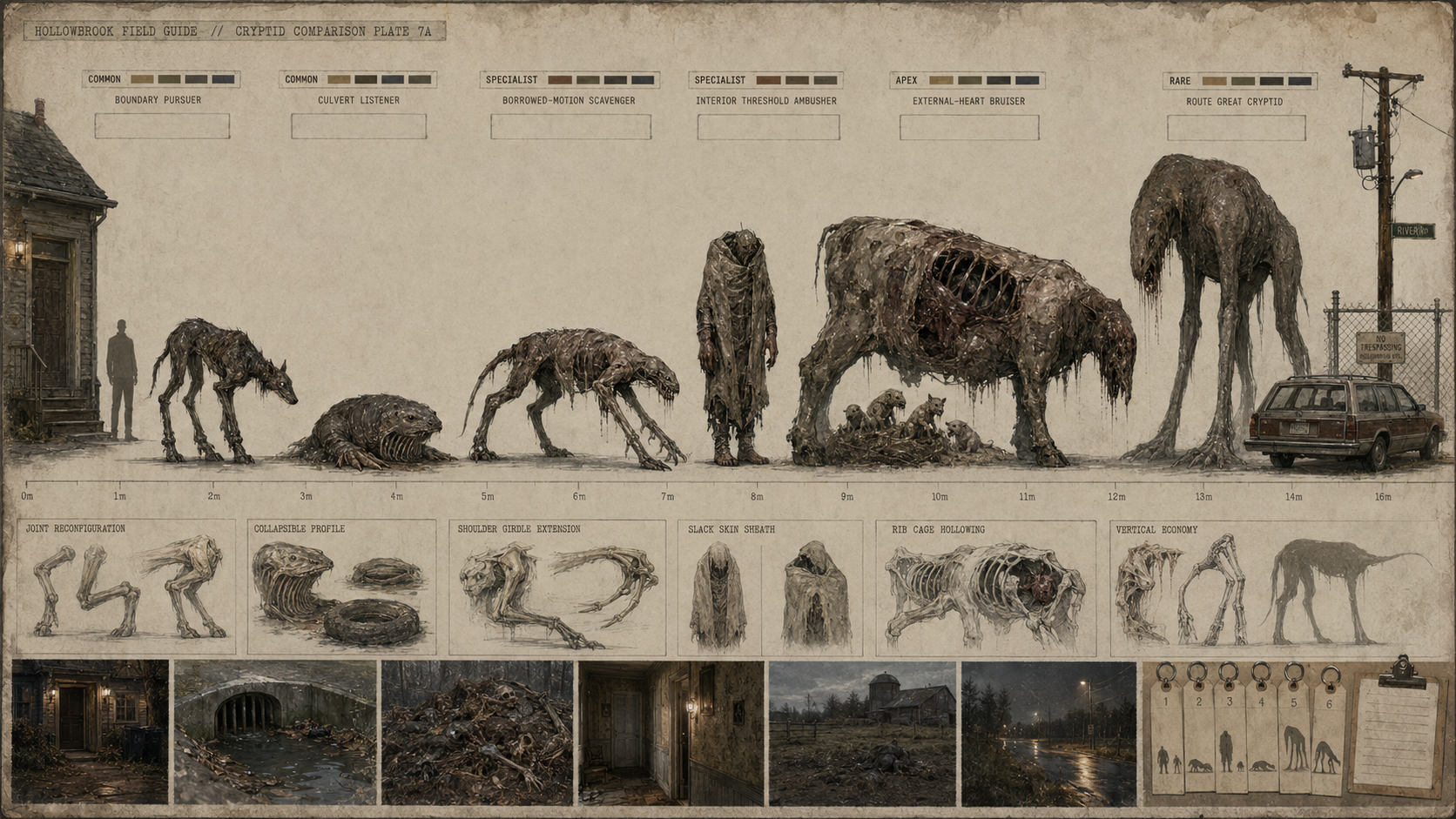 Six original cryptid silhouettes with radically different bodies move through a rural Hollowbrook roadside environment.