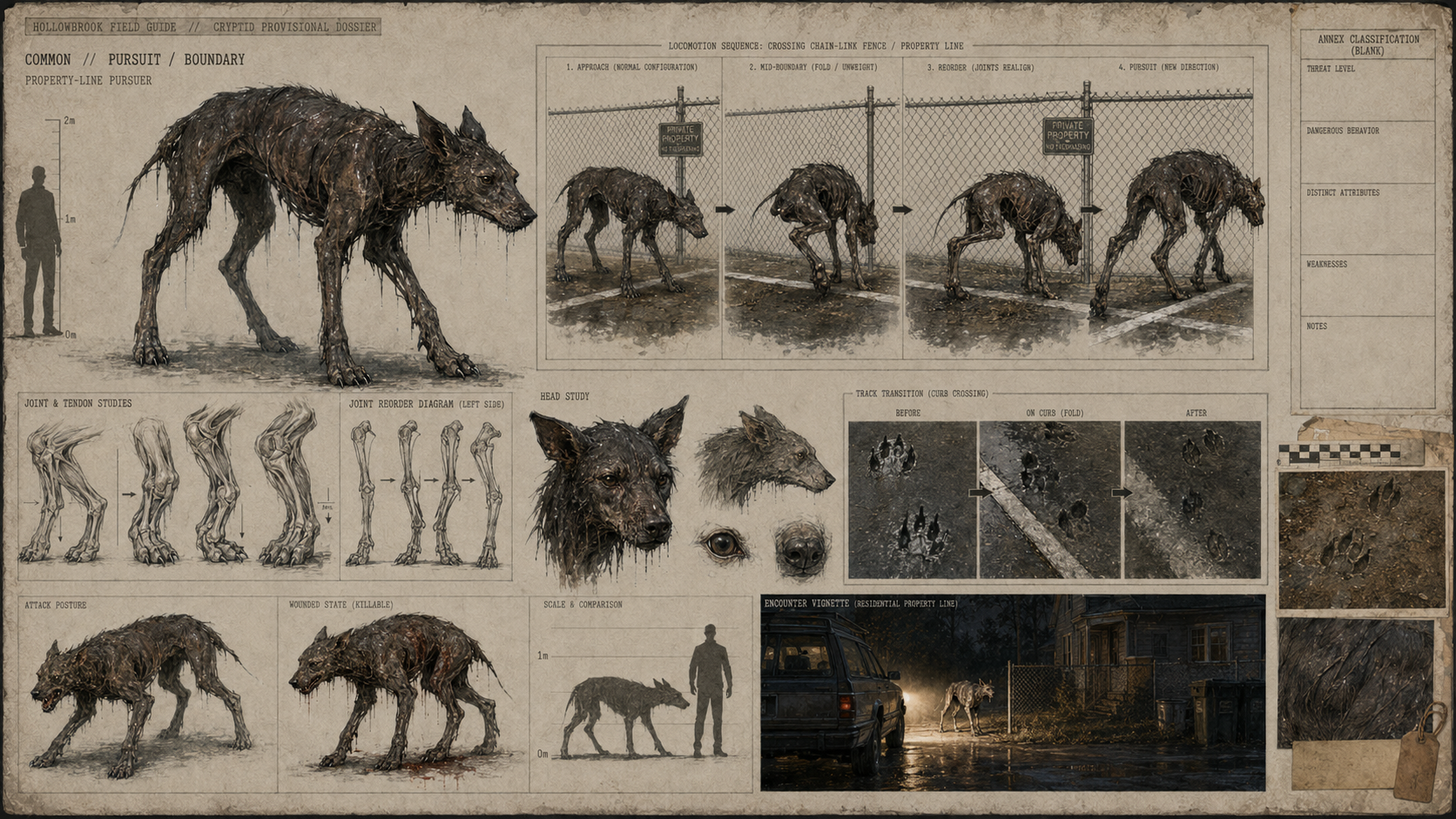 A tall sinewy quadrupedal cryptid with hooked forelimbs and a narrow covered face moves beside a rural property fence.
