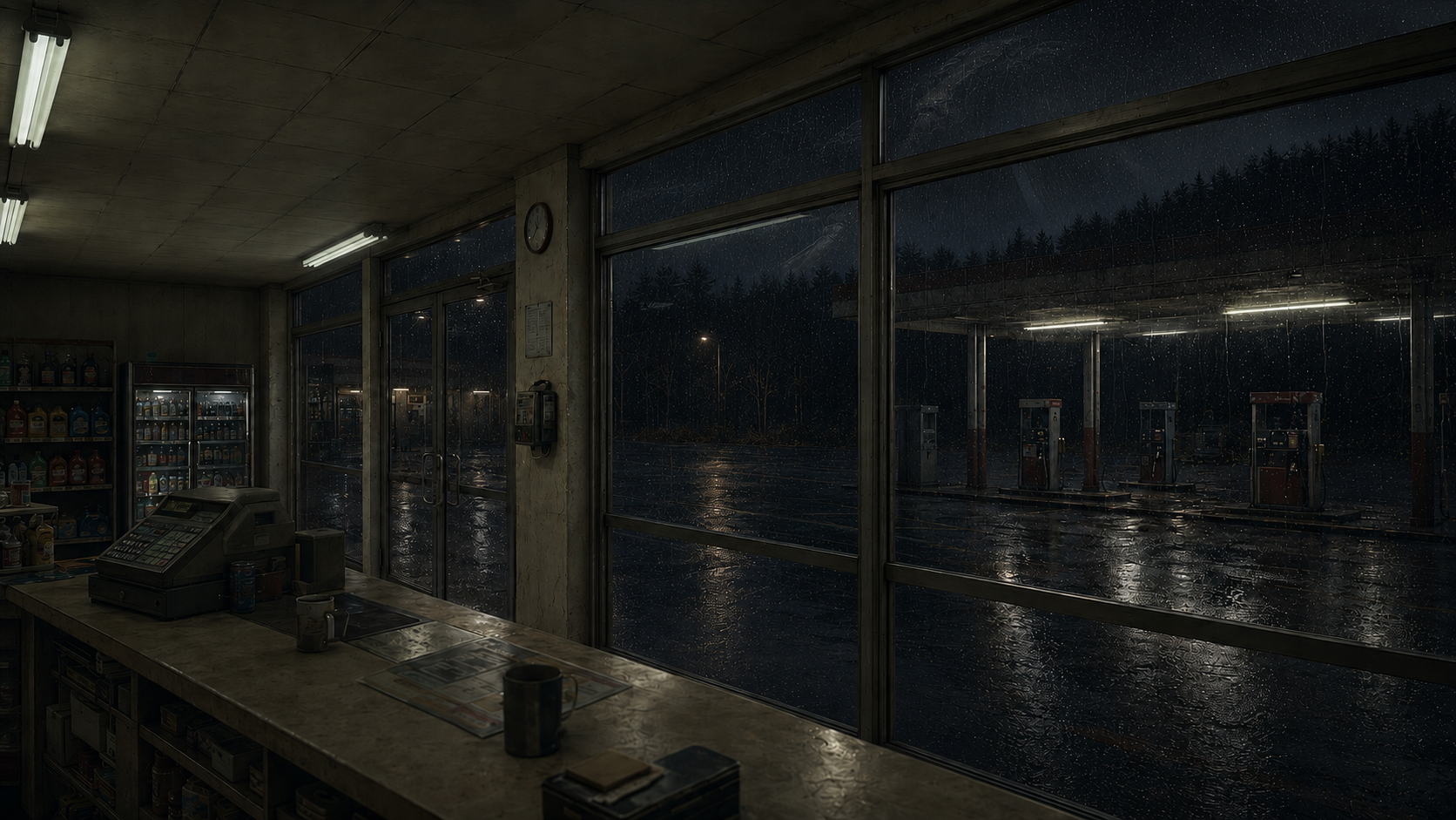An empty station interior whose rain-streaked windows contain a faint impossible reflection absent from the direct exterior view.