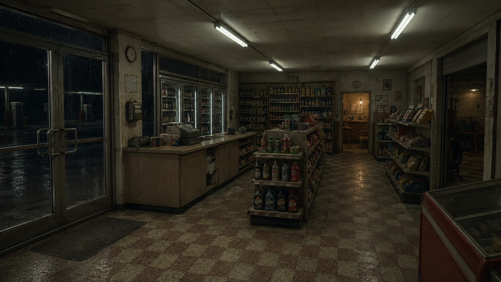 The station interior after opening, with a worn counter, short aisles, refrigerators, office light, and black rain beyond the storefront.