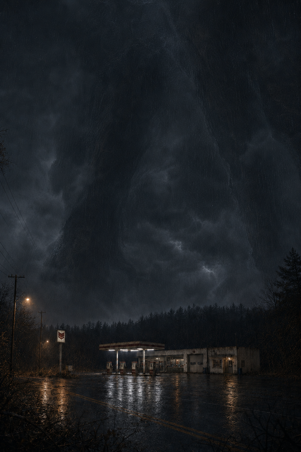 The tiny station sits beneath enormous rain-dark forms that merge with the night and cannot be identified anatomically.