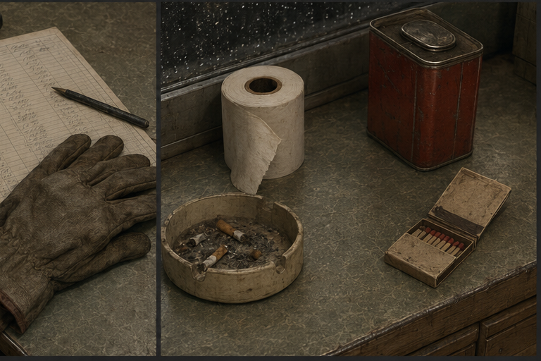 Gloves, an ashtray, matches, and a dented tin occupy a worn back counter.