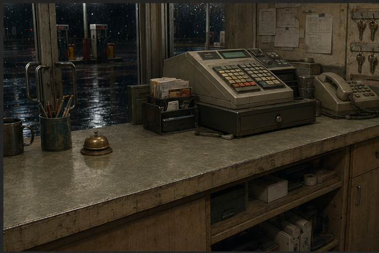 The station counter is prepared with a register, bell, pens, and the rain visible beyond it.