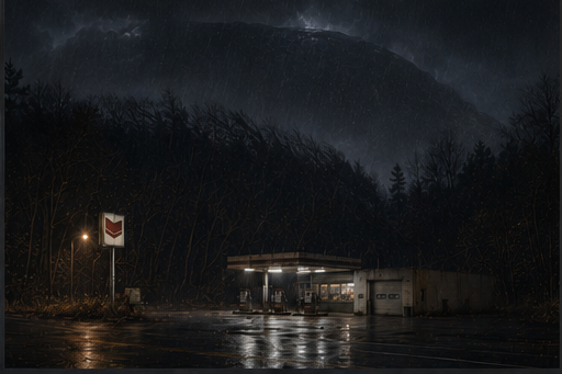 The station appears small beneath a low storm mass that could still be mistaken for weather.
