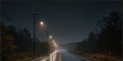 A wet two-lane road disappears between trees beneath a line of weak lamps.