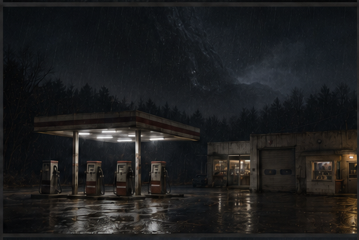 The empty pumps sit below storm-dark layers whose scale cannot be read from the forecourt.
