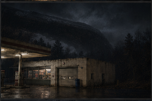 The garage remains lit while the darkness beyond its roof interrupts the storm in an uncertain arc.