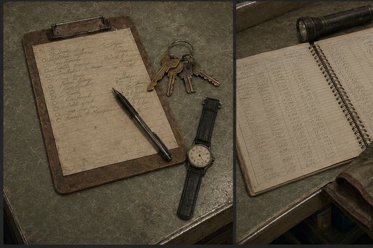 Work keys, a wristwatch, clipboard, and handwritten ledger lie on the counter.