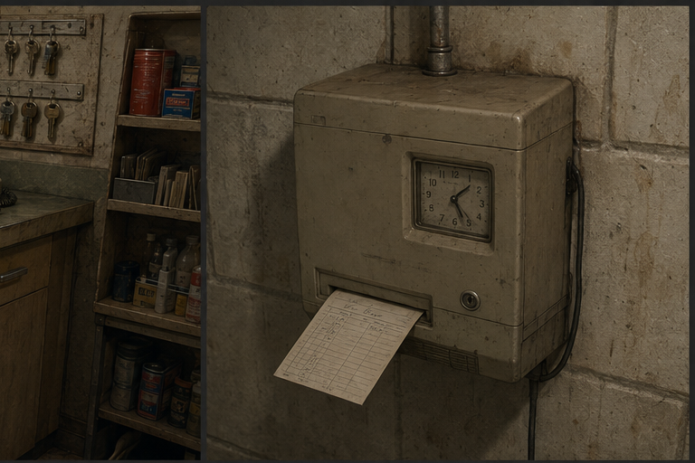 A heavy wall-mounted punch clock holds a single time card beneath its face.