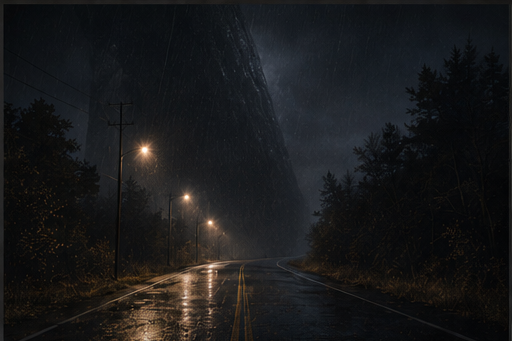 The roadside lamps continue beneath rain while the dark above them develops a hard-to-place edge.