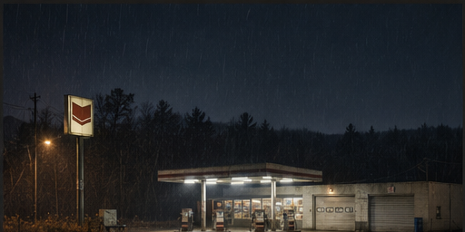 The working station glows beneath rain with its roadside sign and garage visible.