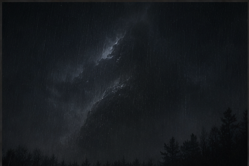 Rain crosses a dark treeline beneath a pale break in the cloud cover.