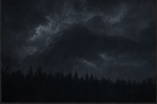 A broad storm front presses low over an uninterrupted black treeline.