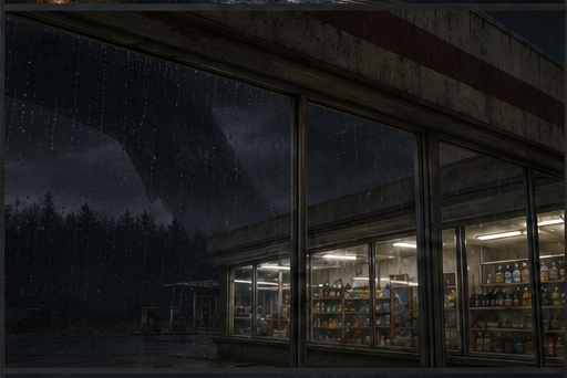 The storefront glass reflects rain and a low dark volume that is harder to locate in the direct view.