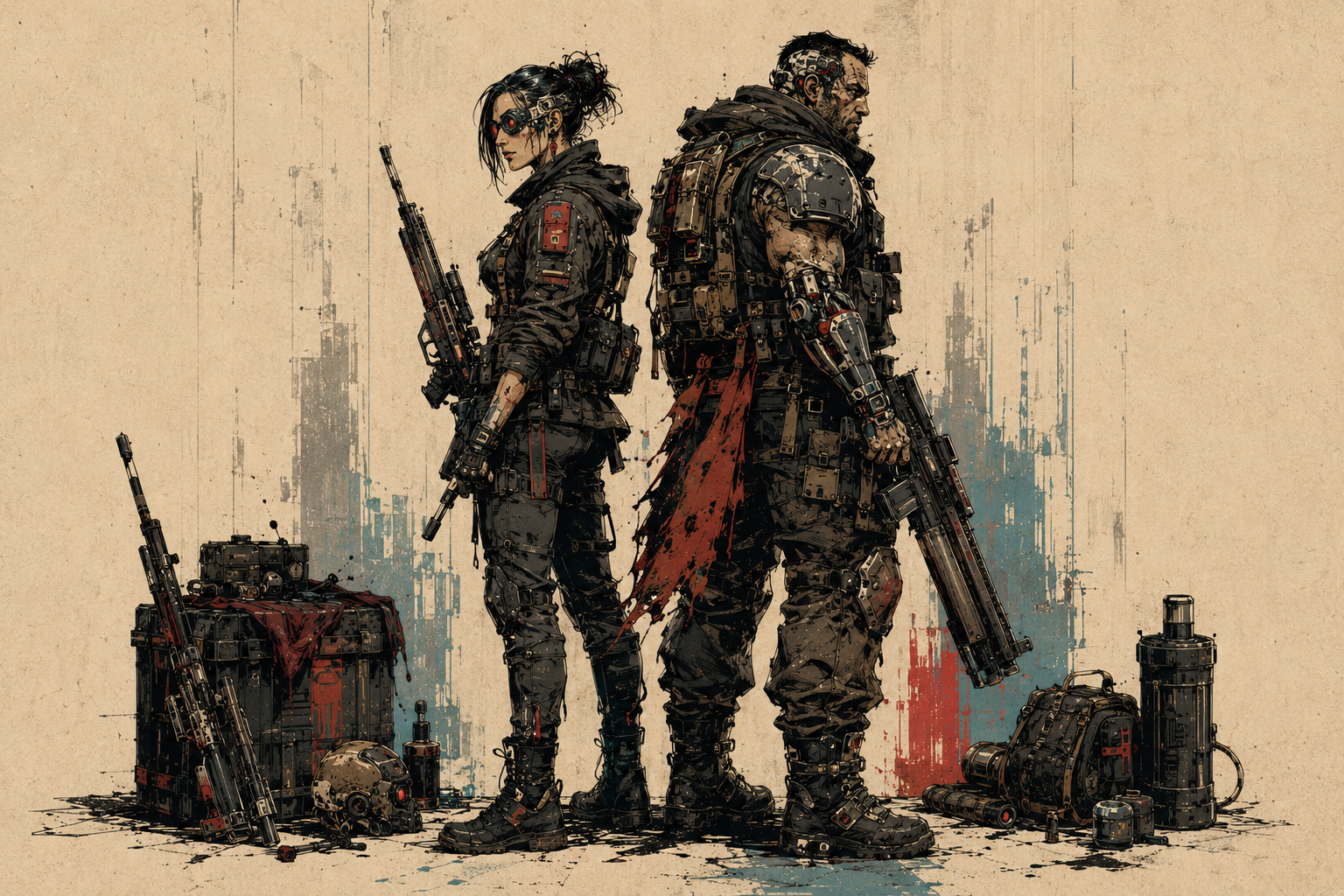 Two adult operatives of the same archetype stand back-to-back with visibly divergent implants, armor, and weapon histories.