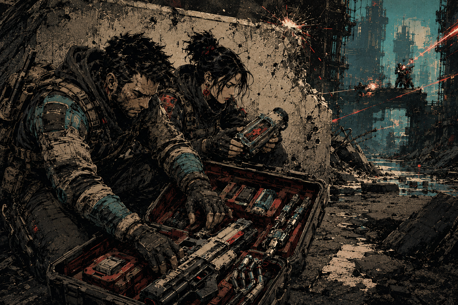 Two operatives rearrange weapons, medicine, and salvage inside an open field pack while incoming fire strikes their cover.
