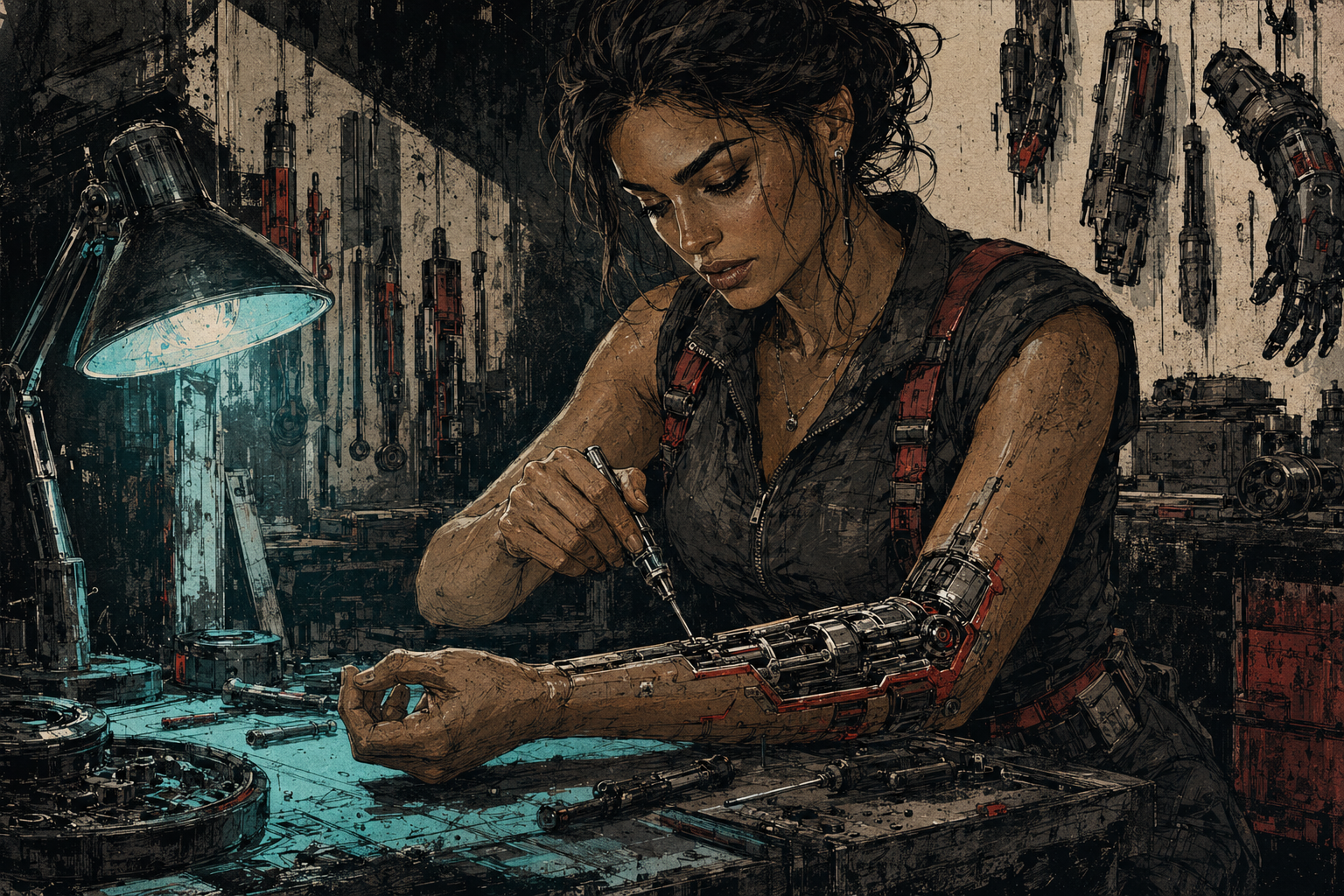 A striking adult cybernetics mechanic precisely calibrates her own exposed forearm at a workshop bench surrounded by tools and replacement limbs.