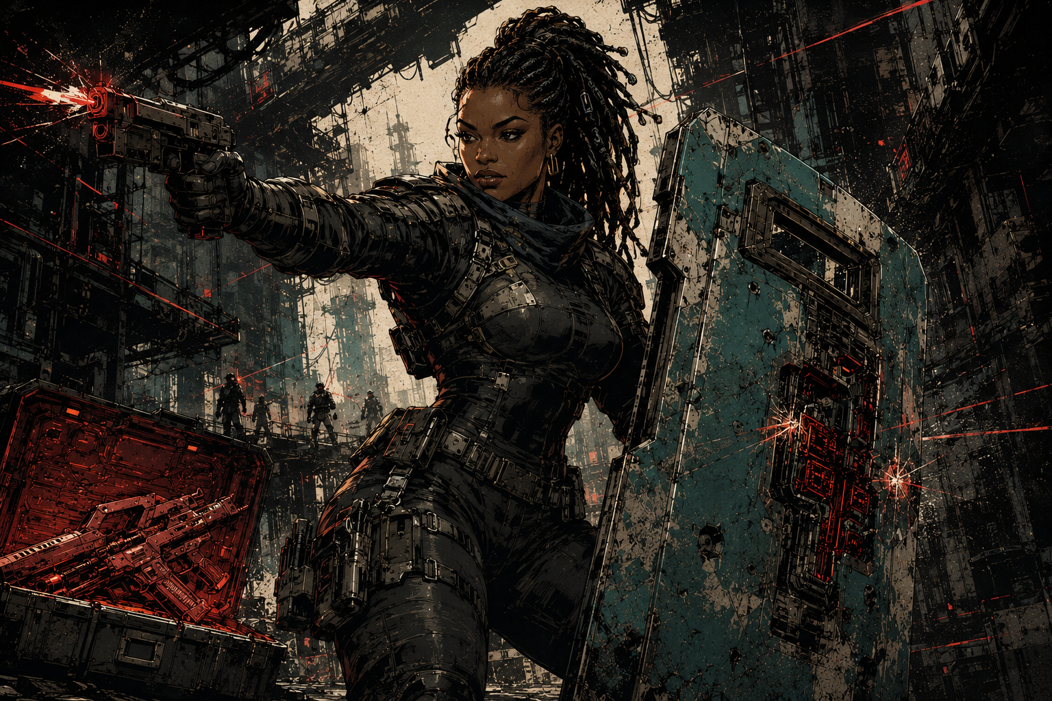 A striking adult Black operative controls a narrow industrial lane with a heavy pistol and battered teal shield while valuable weaponry lies exposed behind her.
