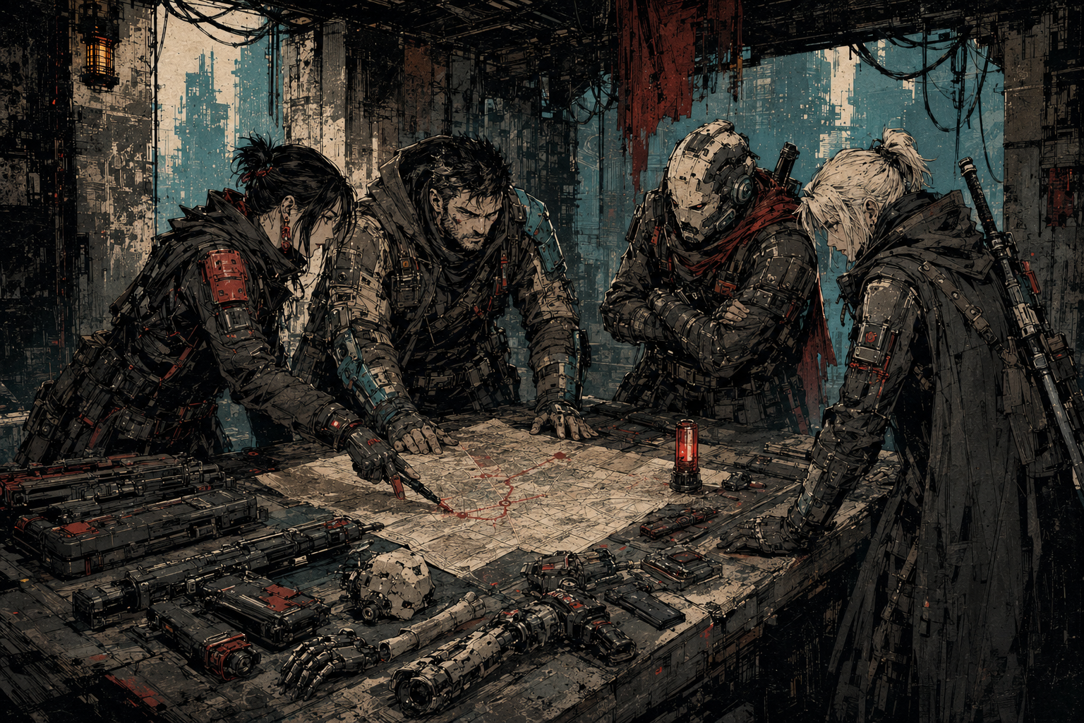 Four operatives lean over a battered planning table covered with weapons, implants, and a single red route through the district.