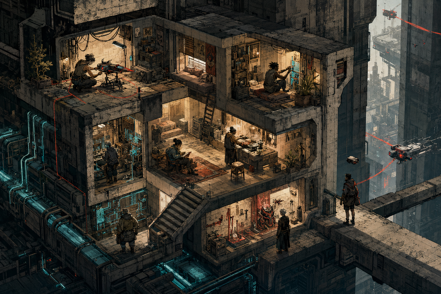 A lived-in private refuge connects workshops, power routes, courier drones, trophies, and a varied community.
