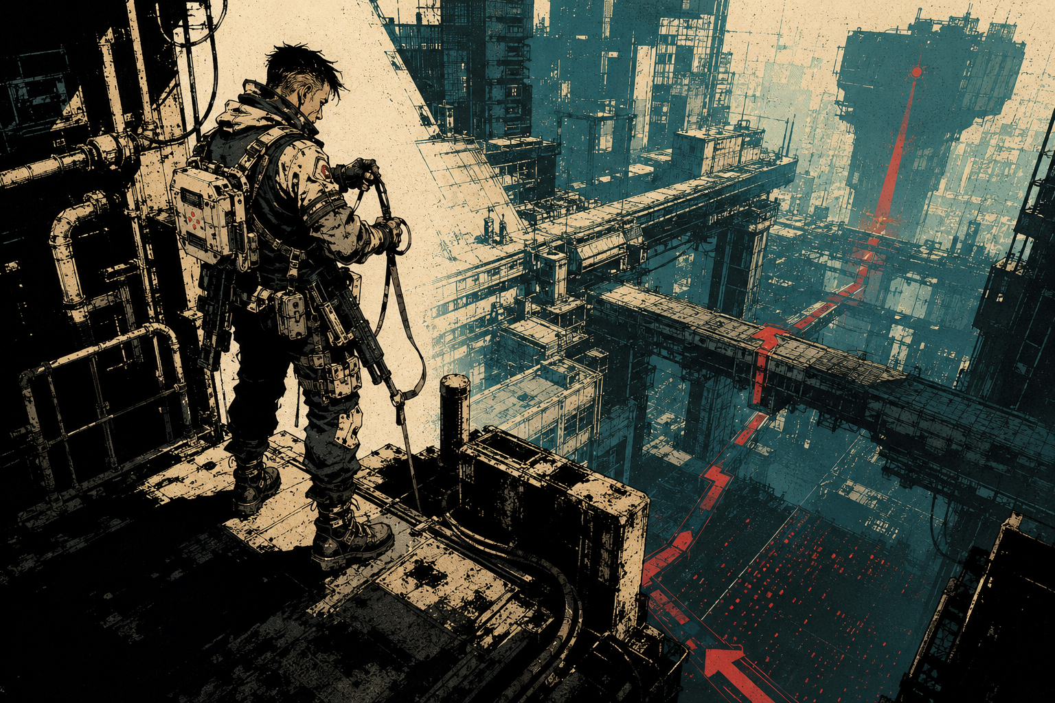 A lone cyberpunk operative checks their descent harness above a vast hard-ink vertical district marked by a dangerous red route.