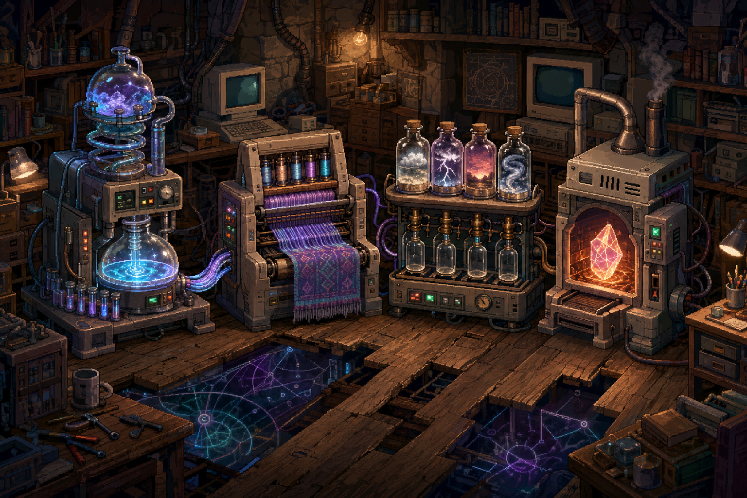 Four dreamlike crafting stations process luminous fibers, bottled weather, and fragments of memory.