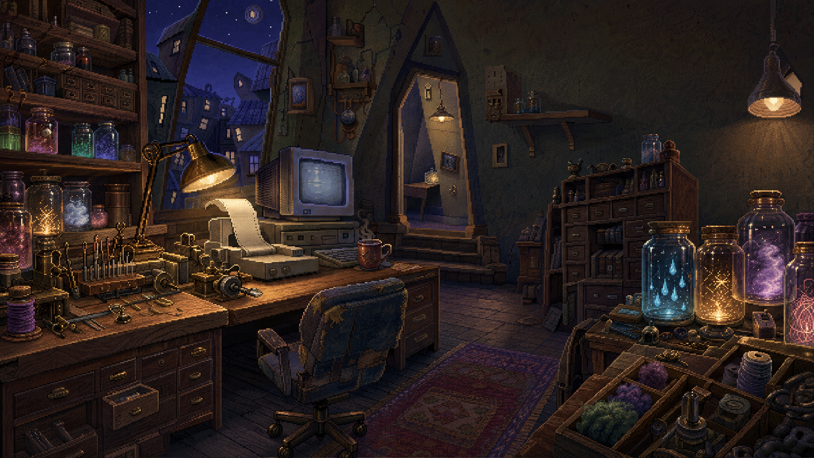 A warm Thoughtsmith workshop filled with dream machinery, jars, and an old computer beneath an impossible night sky.