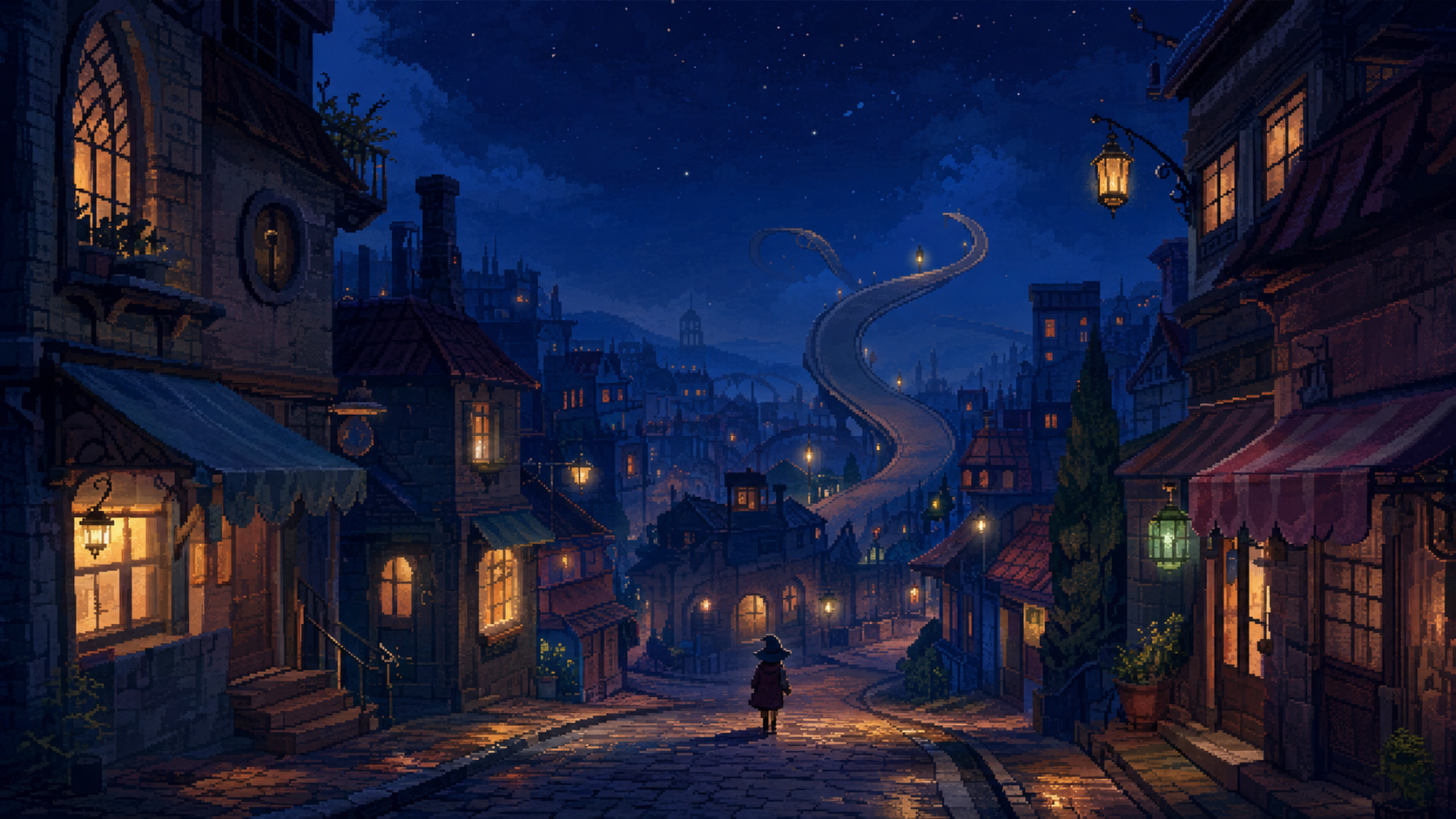 The dreaming town of Sombra at night, where warm storefronts sit beneath a road curving impossibly into the sky.